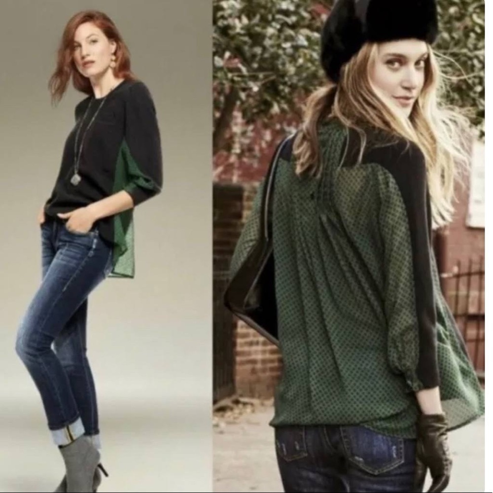 CABI Get Together Black Sweater Green Sheer Back Top, Size Small